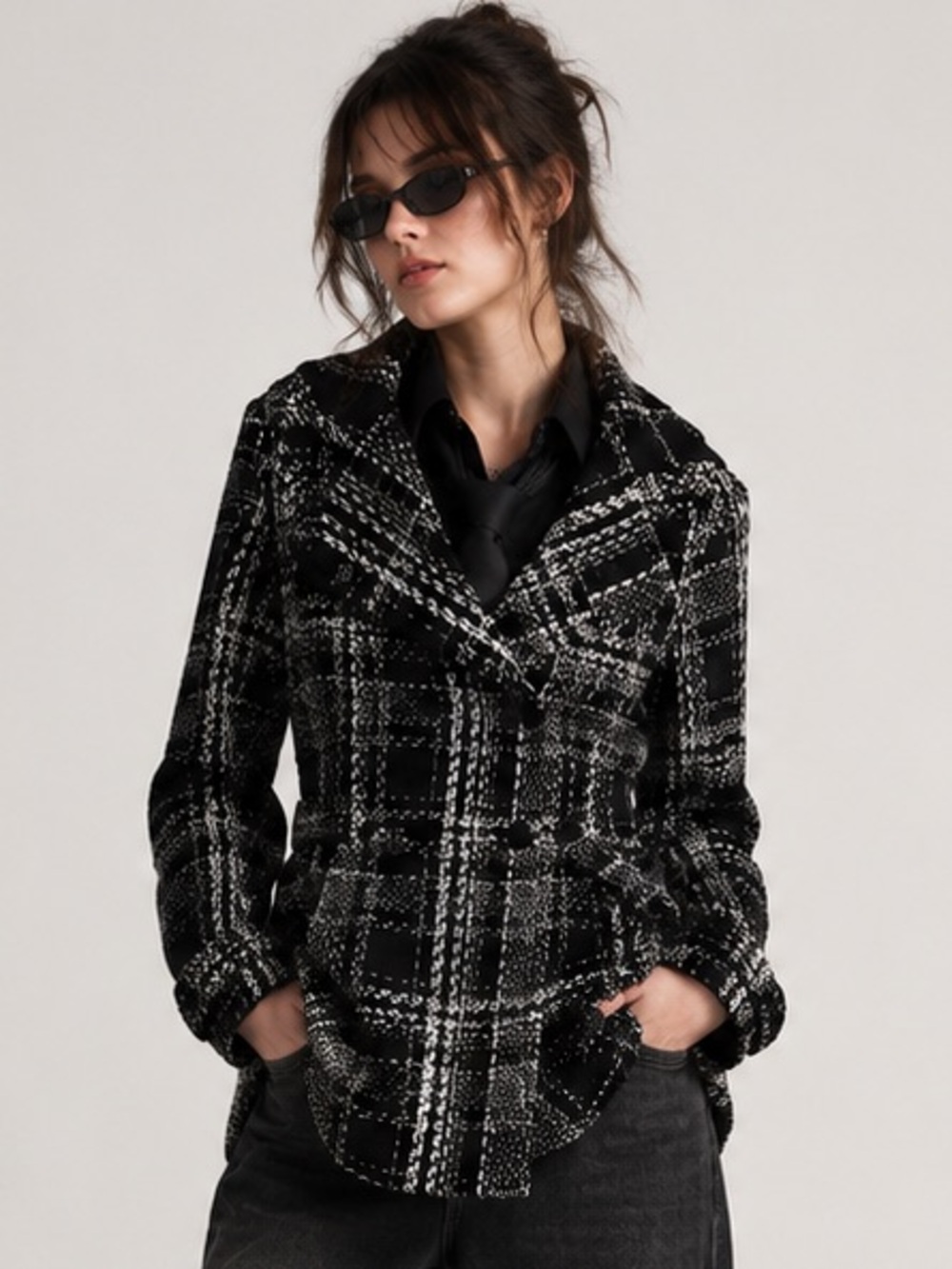 Black & White Plaid Y2K Corporate Grunge Dark Academia Hooded Pea Coat Large